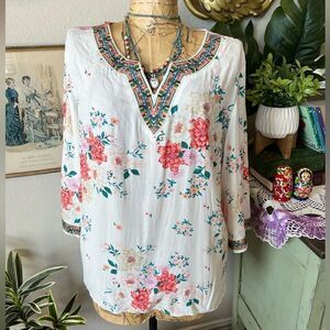 Linda Anderson White Coral Aqua Floral Boho Embroidery V Neck Blouse L Coastal